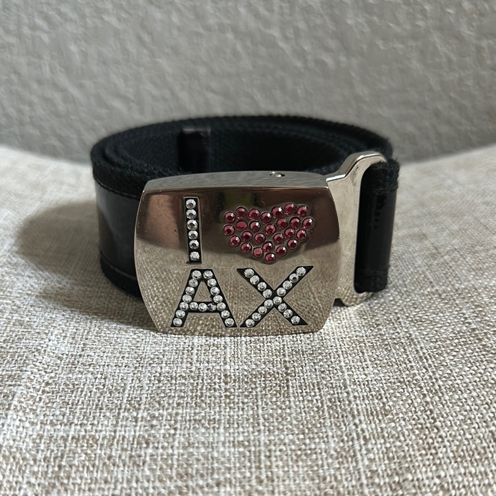 Armani Exchange Black Leather Belt with Silver Buckle